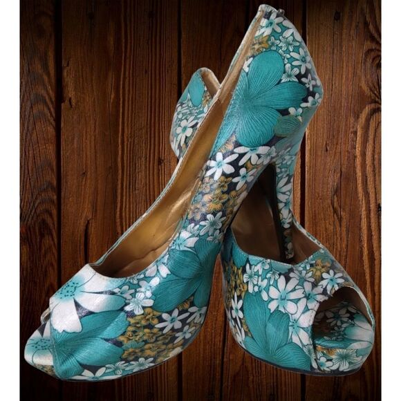 Show Story Platform Heels Teal Floral Open Toe Size 9.5 or EU41 - Picture 6 of 15